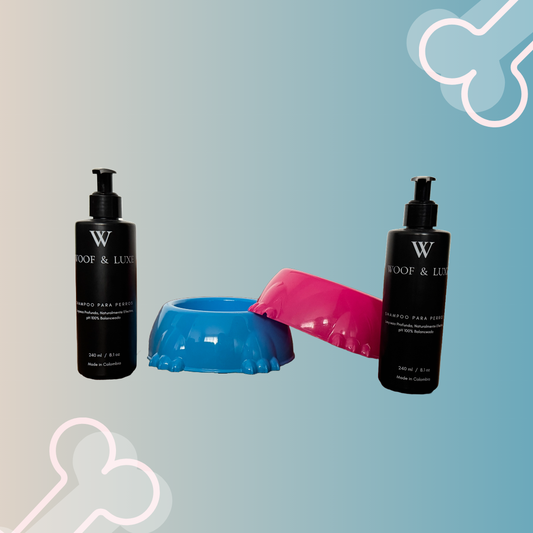 KIT PREMIUM WOOF & LUXE: 2 SHAMPOOS + 2 COMEDEROS